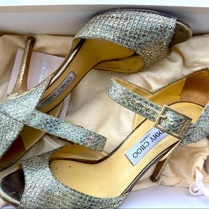Jimmy Choo Size 8 gold glitter heels with straps